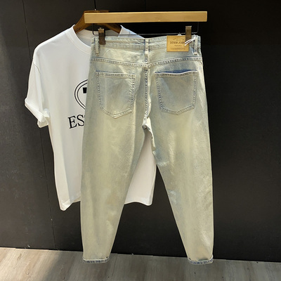 水洗做旧复古牛仔裤男九分裤