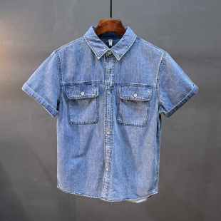 高级感百搭青少年美式 男短袖 复古纯棉衬衣男 衬衫 港风潮牌痞帅工装