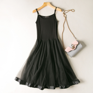 2025春夏新款韩版莫代尔网纱裙拼接连衣裙长款蕾丝打底吊带背心裙