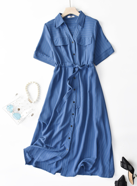 2025夏季新款韩版短袖条纹裙系带口袋宽松大码长裙洋气显瘦连衣裙