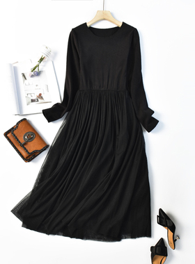 2025秋冬新款长袖圆领网纱裙德绒打底宽松大码气质显瘦蓬蓬连衣裙