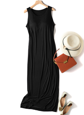 莫代尔胸垫一体式长裙夏季新款大码宽松家居睡裙遮肚显瘦连衣裙黑