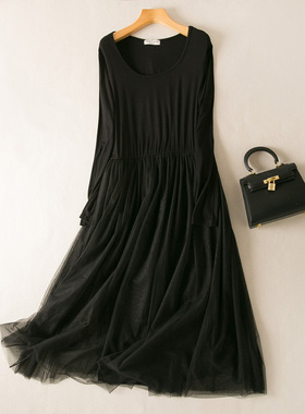 2025秋季新款韩版莫代尔长袖网纱裙宽松大码打底长裙仙女连衣裙黑