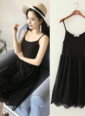 2025韩版春背心网纱裙大码宽松莫代尔蕾丝裙中长款打底吊带连衣裙