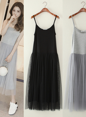 2025秋季韩版女打底吊带网纱蓬蓬裙宽松大码莫代尔长裙背心连衣裙