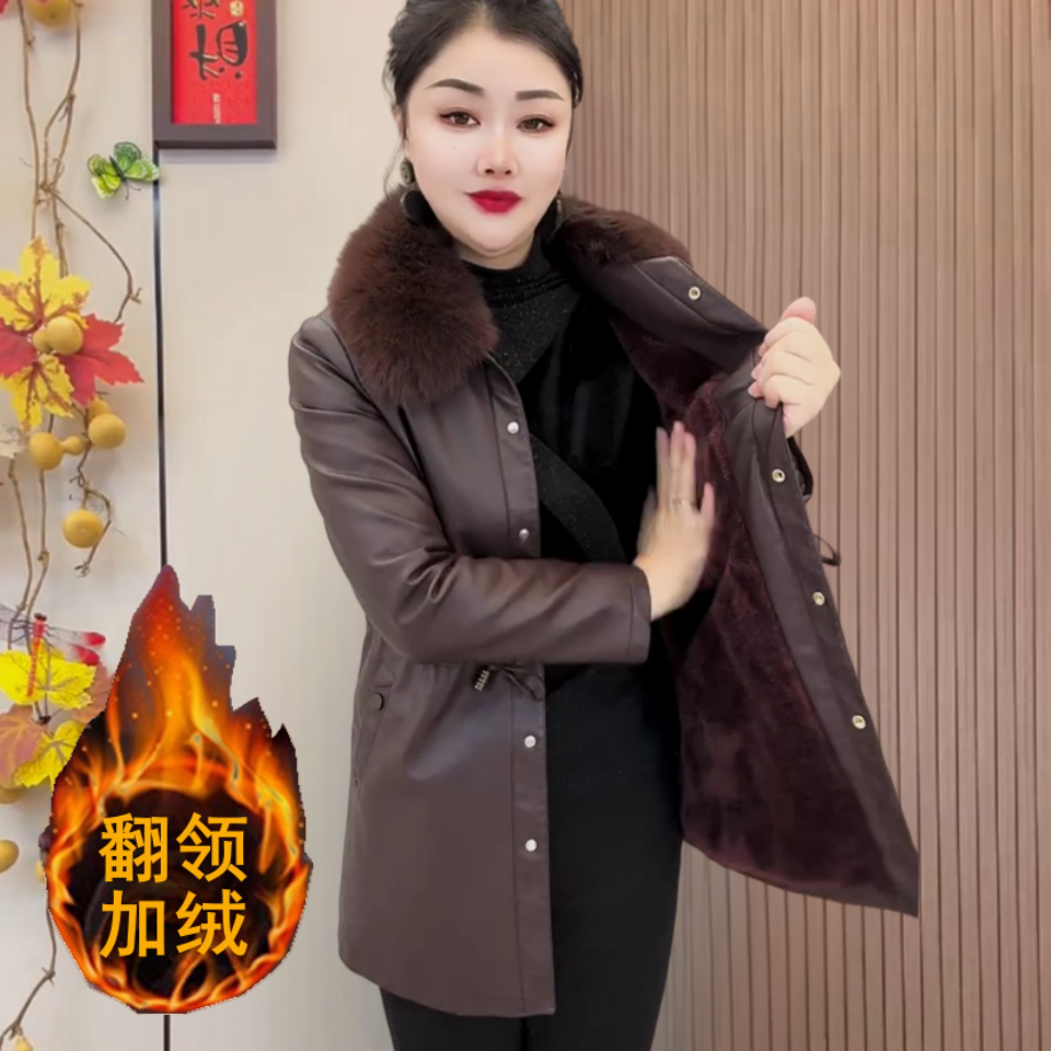 2025秋冬季加绒加厚皮衣妈妈装中长款棉袄外套中老年大码PU皮夹克