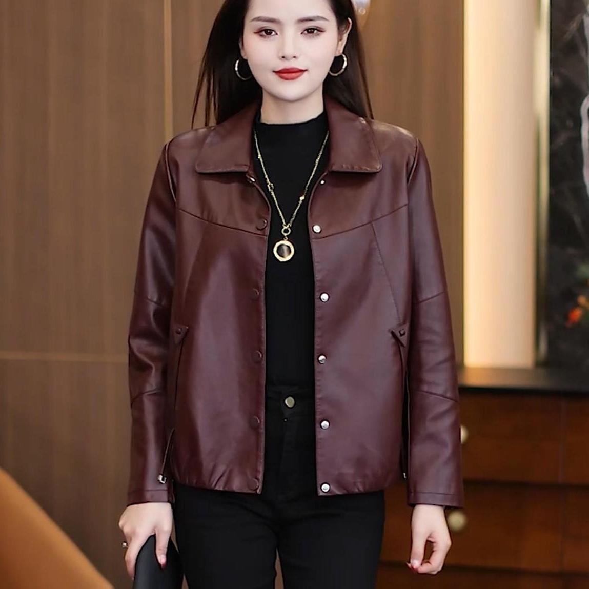 安哥拉红短款皮衣皮夹克开衫外套