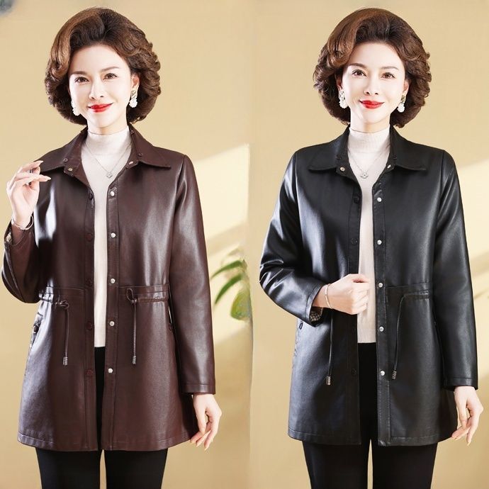 时尚中年妈妈外套皮衣中长款春秋新款纯色气质洋气抽腰显瘦上衣女