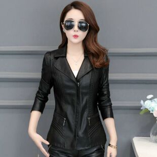 外套西装 海宁春秋冬新款 皮夹克宽松显瘦大码 中年妈妈装 皮衣女短款
