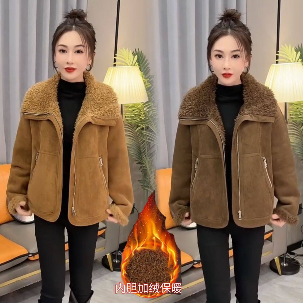 大翻领仿羊羔毛皮毛一体短外套女冬季2026新款保暖加厚机车服上衣
