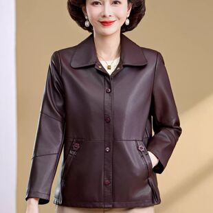 妈妈春秋外套洋气新款 中老年人女皮衣休闲宽松中年妇女棕色皮夹克