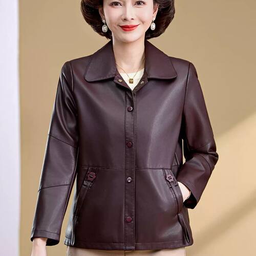 妈妈春秋外套洋气新款中老年人女皮衣休闲宽松中年妇女棕色皮夹克