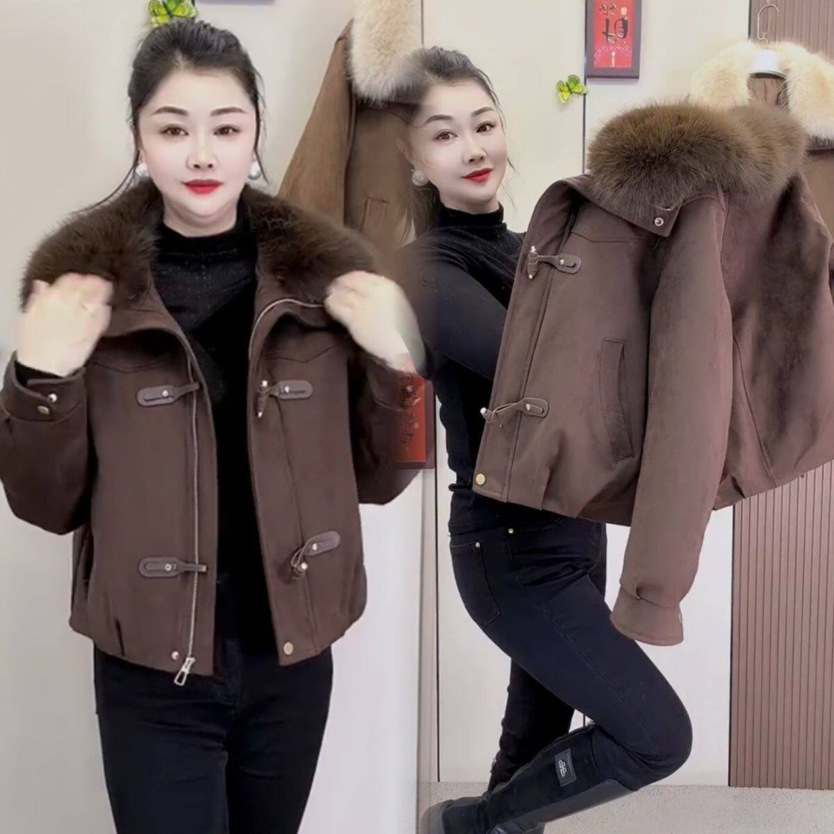 大毛领翻领牛角扣短款麂皮绒石墨烯云绒棉服2025冬新洋气宽松外套,女装/女士精品,皮衣,淘宝优惠券,粉丝福利购,淘宝优惠卷