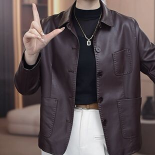 欧货高端气质翻领咖色皮衣女2026早秋新款 减龄百搭外套 宽松时尚