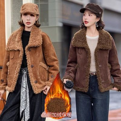 复古棕色皮毛一体毛绒厚外套2025冬季新款小个子加绒加厚好看棉服