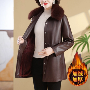时尚 冬季 中年加绒加厚夹克 洋气妈妈中长款 pu皮衣外套女2026年新款