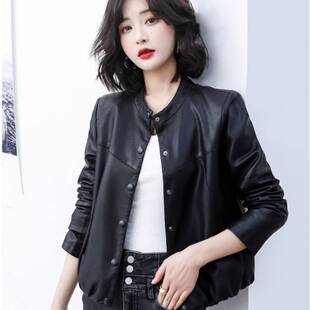 春秋感韩版水洗PU皮衣女式短款2026春装新款百搭收腰圆领外套夹克