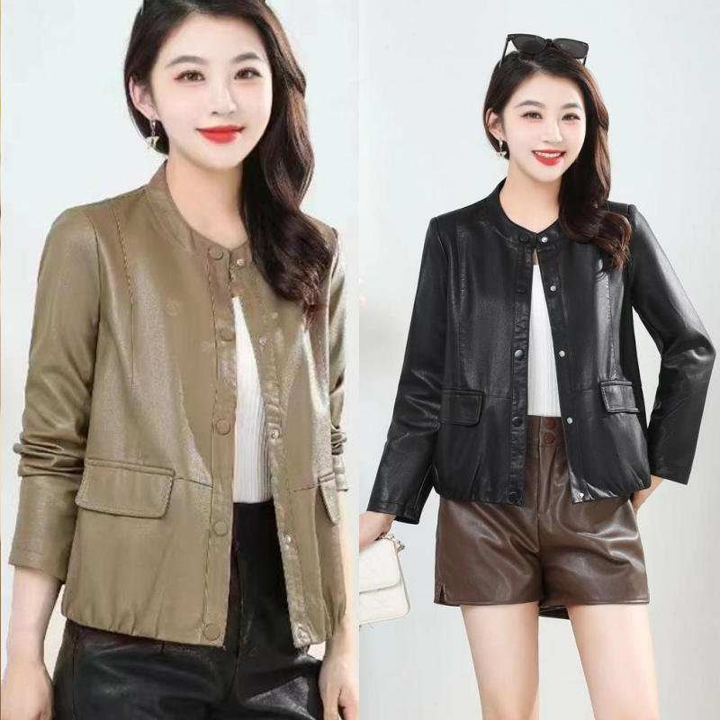 妈妈春装洋气PU皮外套中老年女新款时尚短款春秋薄款圆领皮衣夹克