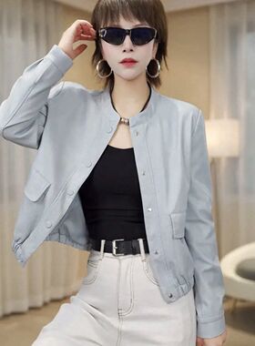 浅蓝色皮衣外套女2026新款今年流行爆款春季小个子高级感短款夹克
