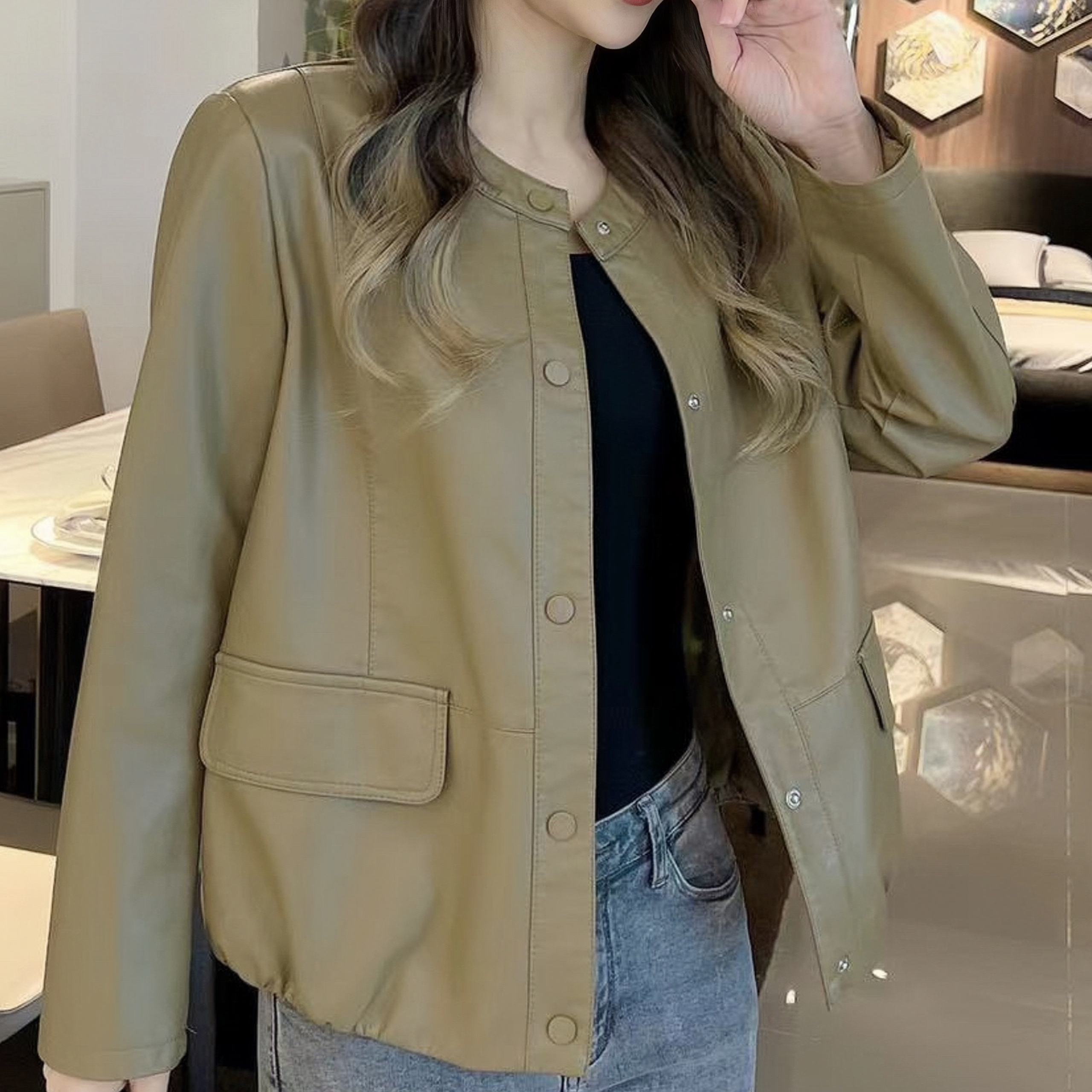 欧货高级感圆领皮衣外套女秋季2025小个子时尚短款PU皮夹克上衣潮
