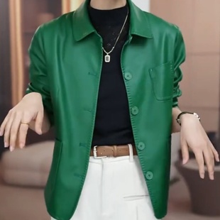 欧货高端气质翻领绿色皮衣女2025早秋新款 减龄百搭外套潮 宽松时尚