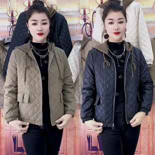 秋冬加绒休闲连帽外套女休闲大码上衣中年妈妈装PU皮衣菱形格棉服