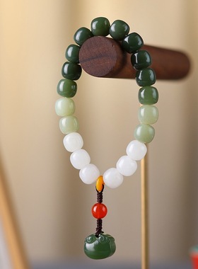 天然新疆和田玉白玉渐变手串男女款玉石手链渐变色湖水绿老型珠证