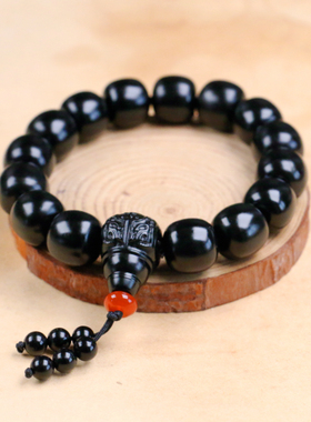 天然新疆和田玉墨玉老型珠圆珠三通佛头手串男女款招财手链证书