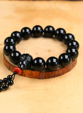 和田玉墨玉天然男女圆珠手串三通佛头和田玉男士玉石圆珠手链证书