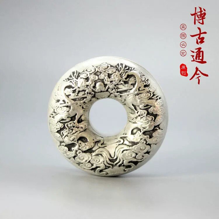 古玩铜器白铜仿双龙戏珠虎撑手指摇铃古铃铛铜转铃铜把件圆铃铛
