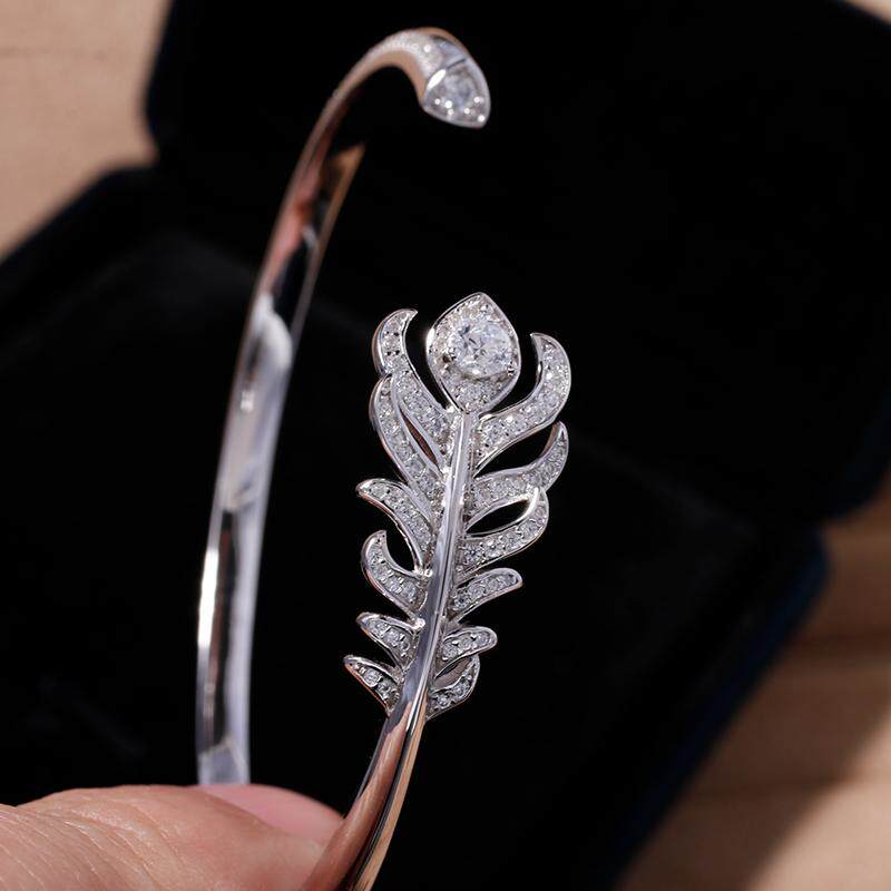 孔雀羽毛手镯女白金闪耀高碳钻树叶开口纯银手环轻奢高级感