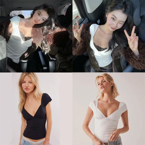 高品质正确易梦玲同款 立体剪裁性感低v领修身T恤上衣女