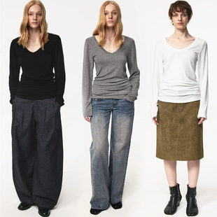 高品质正确版莱赛尔天丝羊毛轻薄V领收腰显瘦长袖堆叠T恤女