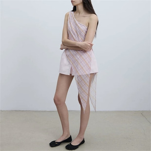 高品质正确版ra飘逸开衩下摆斜肩背心女 杏底波点/粉橙格子