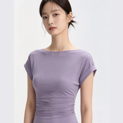高品质莫代尔/莱赛尔 一字领收腰蝙蝠卷袖短袖T恤女