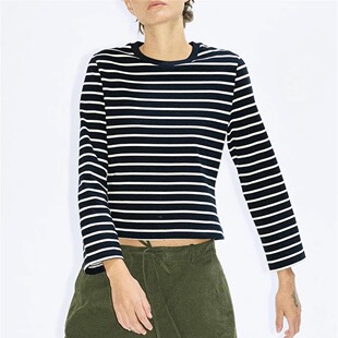 al高品质正确版经典多色条纹圆领纯棉基础款打底内搭九分袖T恤