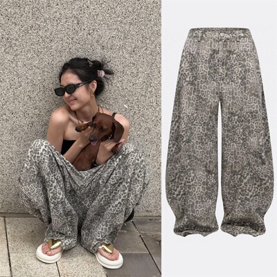 高品质nina豹纹牛仔裤复古做旧宽松廓形豹纹松弛感拖地弯刀牛仔裤