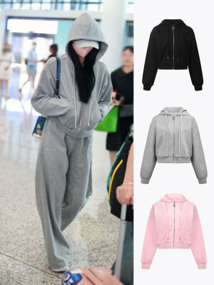 满天星水钻运动卫卫衣 重工满钻休闲短款烫钻卫衣外套