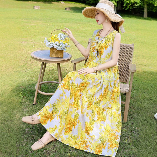2026新款高级感棉绸连衣裙外穿夏季中年妈妈气质碎花无袖背心裙子