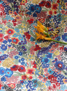 CIARA红蓝繁花80支平替LIBERTY长绒全棉数码印花布料面料女服装棉