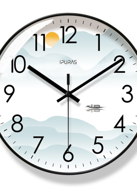 易普拉8227中式钟表水墨时钟挂墙挂钟客厅山水简约静音扫秒石英钟