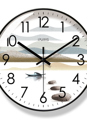 易普拉8191中式挂钟客厅钟表挂墙简约山水北欧时钟静音扫秒石英钟