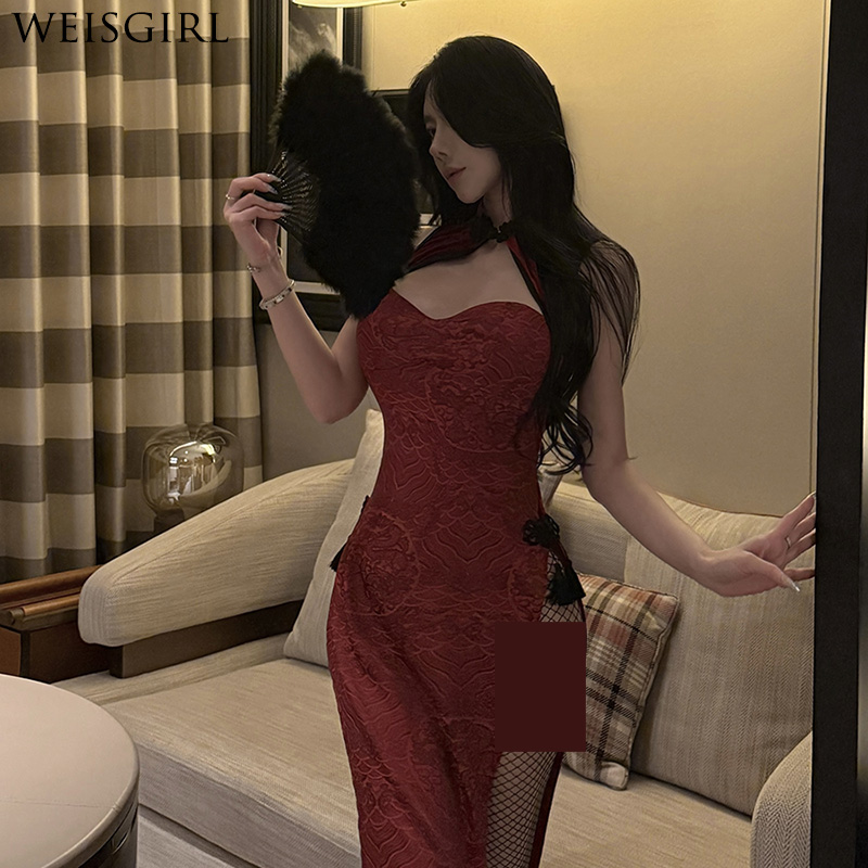 性感复古国风红色旗袍套装女