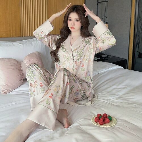 冰丝睡衣女春秋新款仿真丝绸长袖开衫套装春夏季高级感法式家居