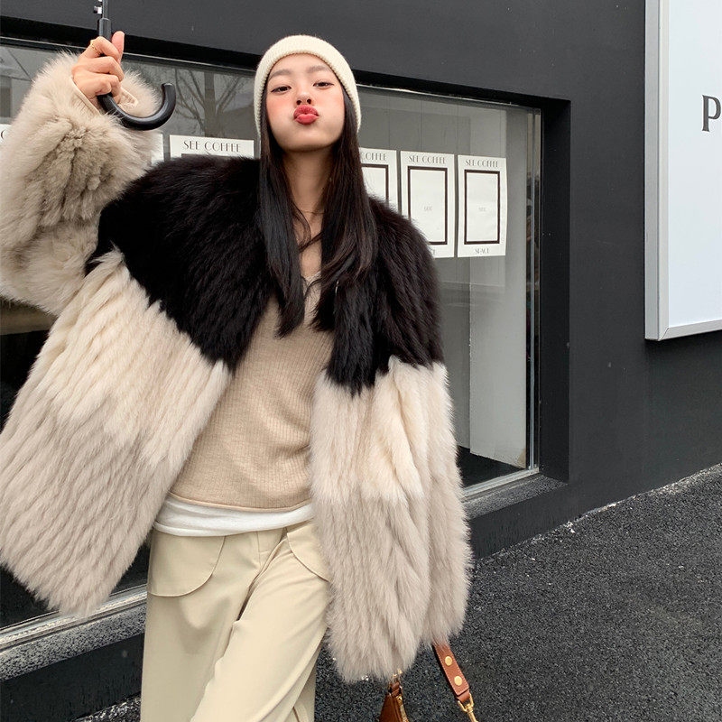 狐狸毛皮草外套女2022新款气质名媛冬季拼接色加厚毛毛大衣中长款
