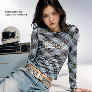2026秋季新品MOCO上衣撞色格纹手写体印花抽褶收腰轻薄MBF3TOPT03