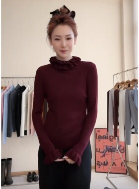 打底神器！韩国东大门温柔灰色木耳花边领精致针织百搭打底衫上衣