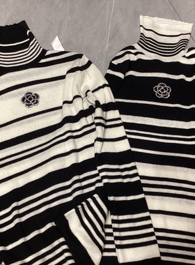 限时福利！欧货烫钻山茶花经典条纹高领羊毛打底衫女小香风内搭