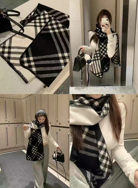 加价购！复古撞色格纹百搭保暖围巾女冬季高级感加厚针织披肩围脖