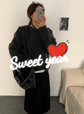 高品经典麻花圣诞红色送礼慵懒复古中古麻花纹理圆领针织毛衣上衣